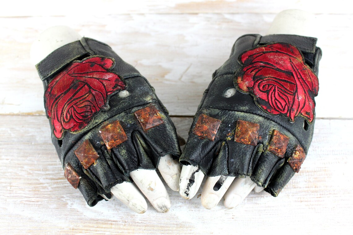 Rotten Roses Gloves - Apocalyptic Gloves - Gloves with Brads - Leather Biker Gloves - Tactical Gloves - Burning Man Accessories - Cosplay