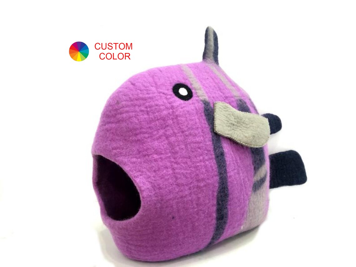 Felted Cat House-Fish Cat Cave-Beautiful Cat Bed-Natural Wool Pet Furniture-Handmade Cat House from Nepal