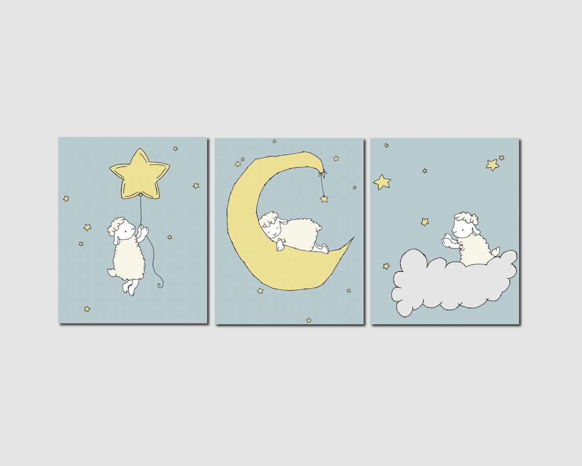 Lamb Nursery Art Prints -- Nursery Decor -- Lamb Moon and Stars Art -- Set Of 3 Prints -- Kids Wall Art