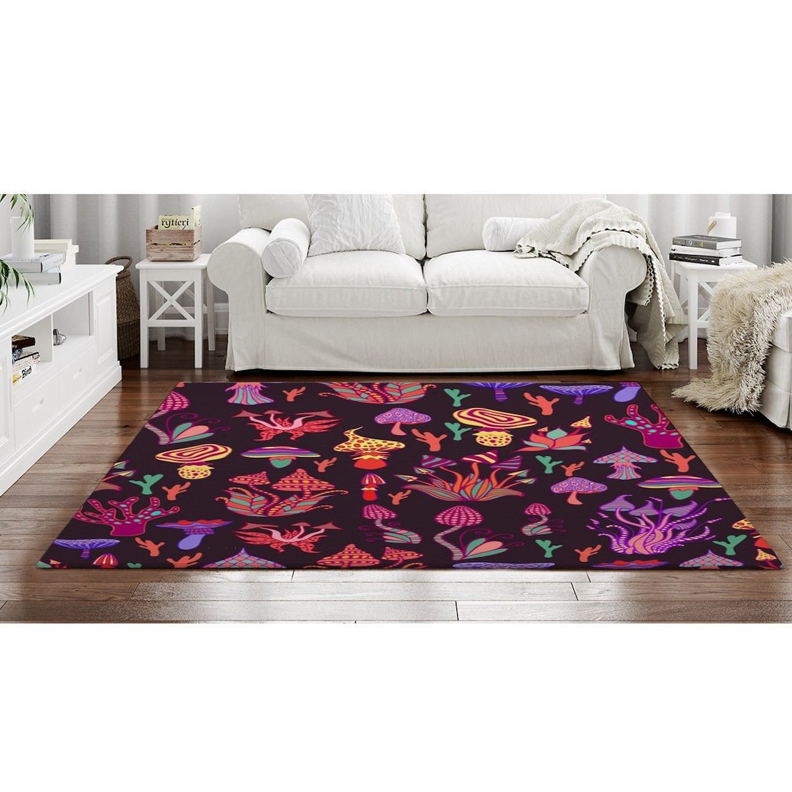 Mushroom Rugs, Decorative Mushroom Pattern Area Rug, Purple Area Rugs, Colorful Psychedelic Rug, Cool Mushroom Artwork Rugs