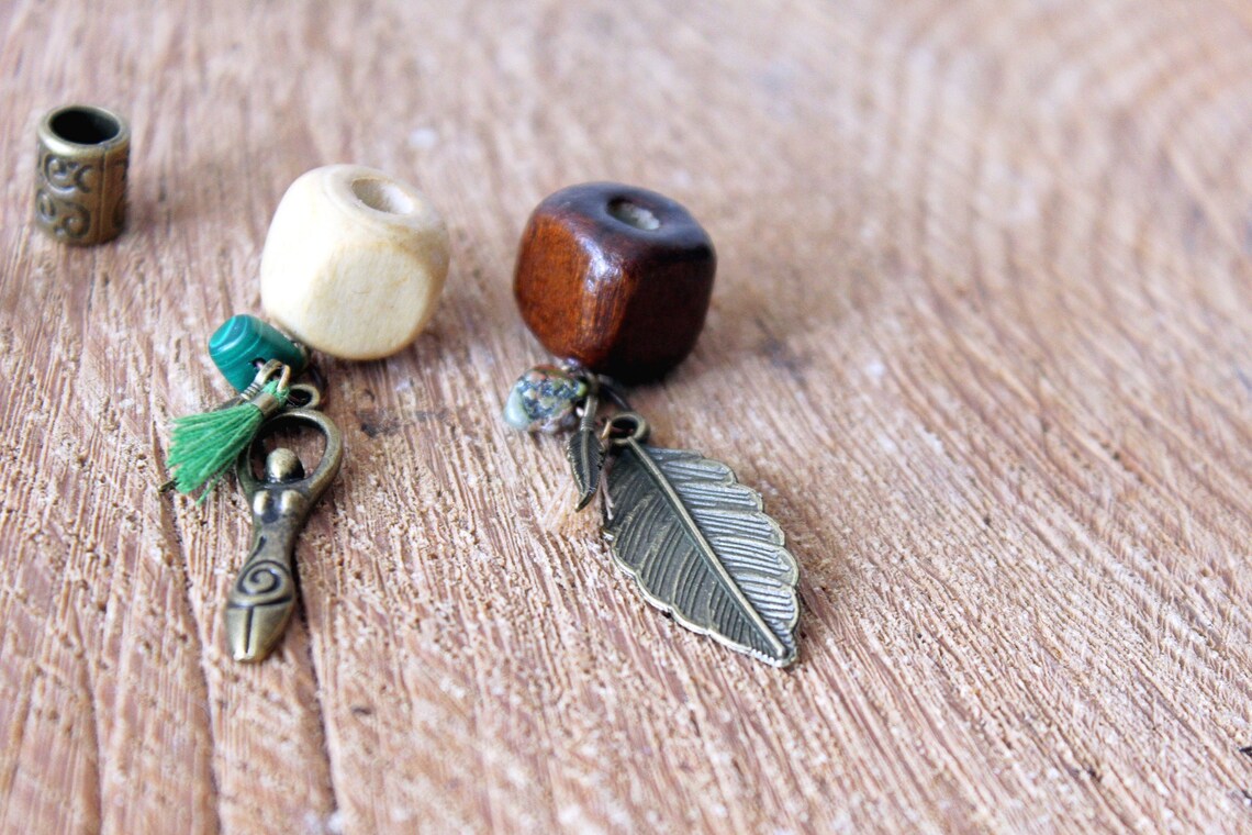 Fertility Goddess Dread Beads Set of 4 - Bronze Charms, Malachite and Unakite, Thin Dreadlocks, Wooden Boho Festival Accessories, Tribal Set