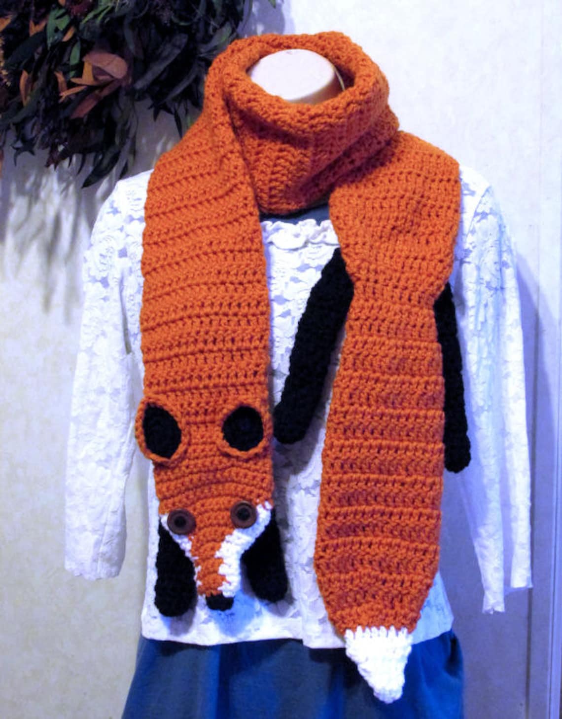 Fox Scarf, Crochet Fox Scarf, Animal Scarf, Handmade Rust Orange Fox, Novelty Scarf, Fun handmade scarf, Crocheted Fox