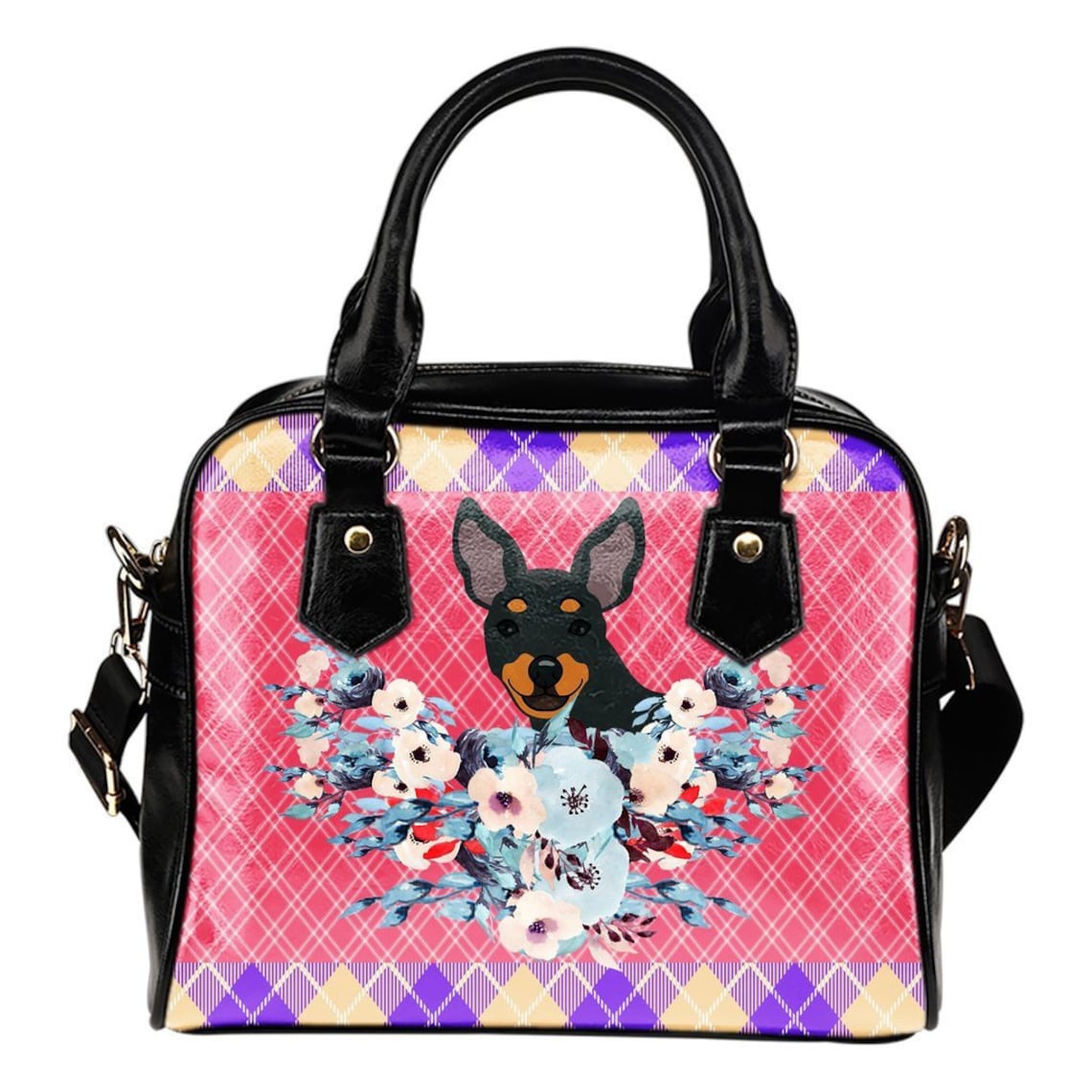 Miniature Pinscher Gifts - Miniature Pinscher Lovers Shoulder Handbag-Unique Gift for Miniature Pinscher Lovers - D122D-PWP-HNDB-Tartan Pink