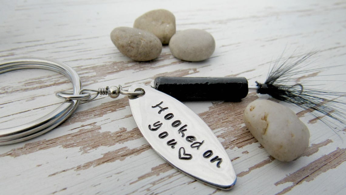 Hooked on you fishing lure keychain - hand stamped - you choose color - fish gift - outdoors love - rustic birthday - rugged husband - river