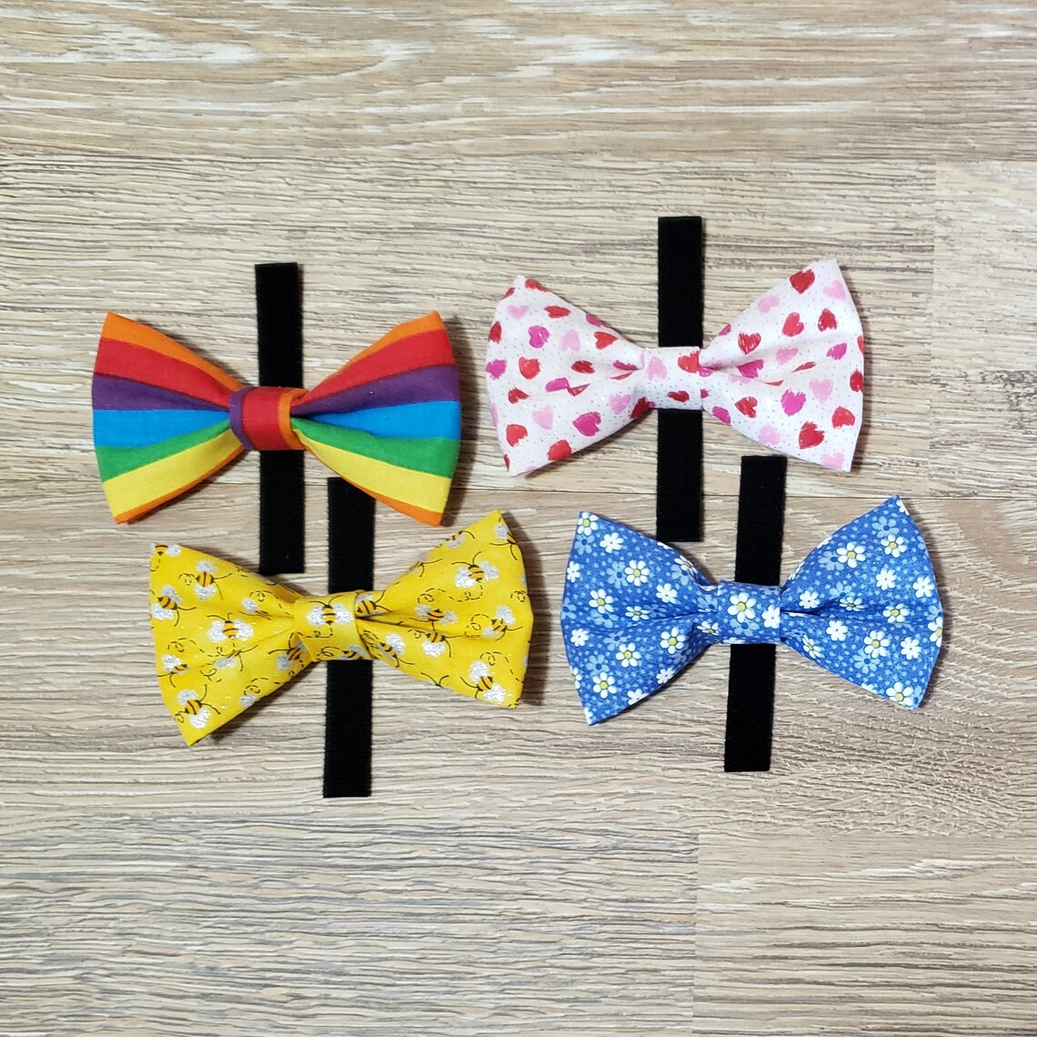 4 Pack Pet Collar Bowtie - Dog Bow - Rainbow - Bumblebee - Red and Pink Hearts - Blue Daisy - Dog Cat Collar Accessories - Over the Collar