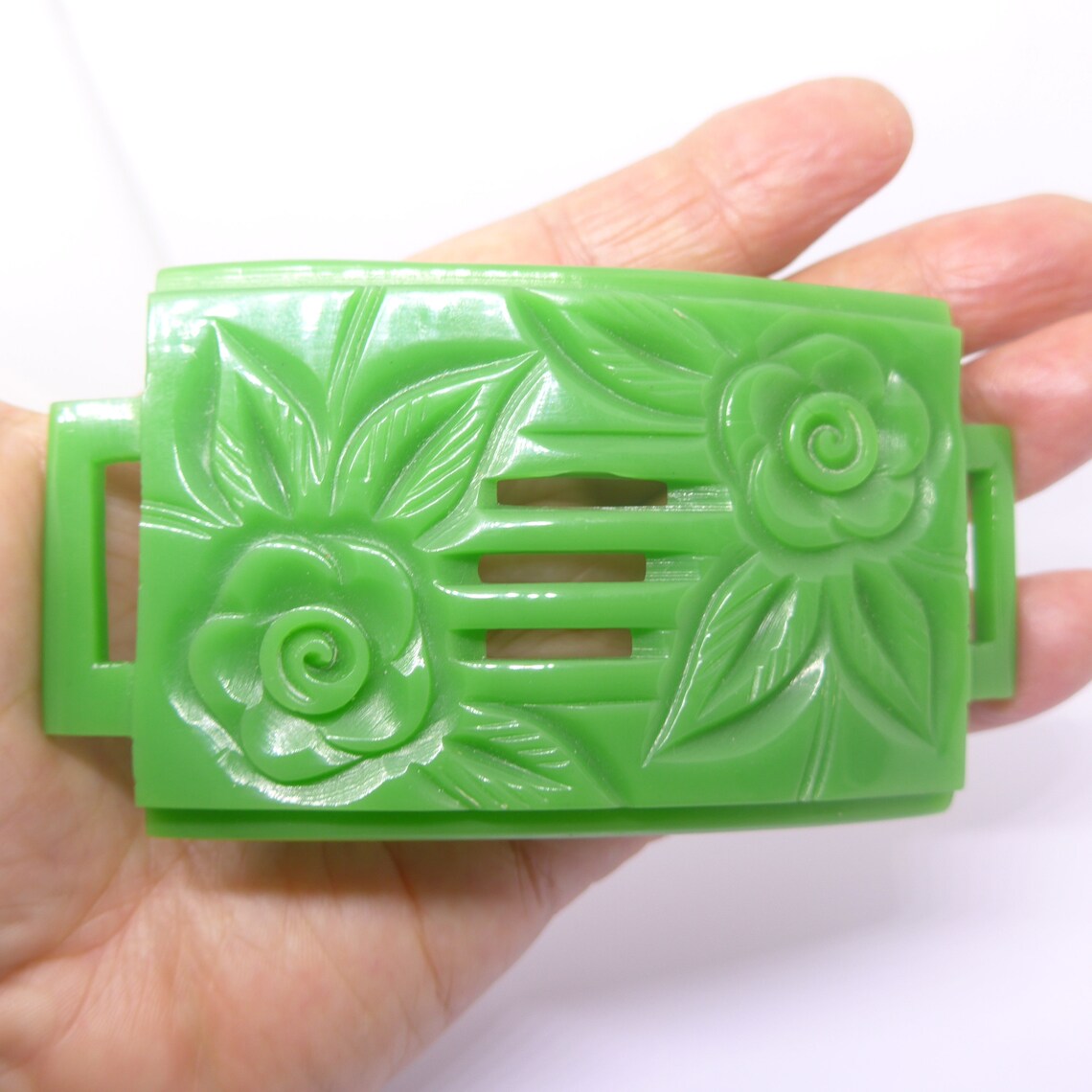 Vintage Carved Catalin Phenolic Lucite Buckle - Exceptional Large Art Deco Jade Green Plastic / Bakelite Buckle