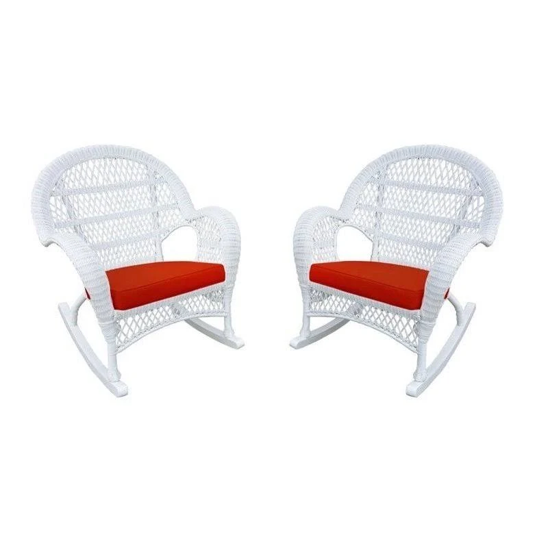 Jeco Wicker Rocker Chair in White with Red Cushion (Set of 4)