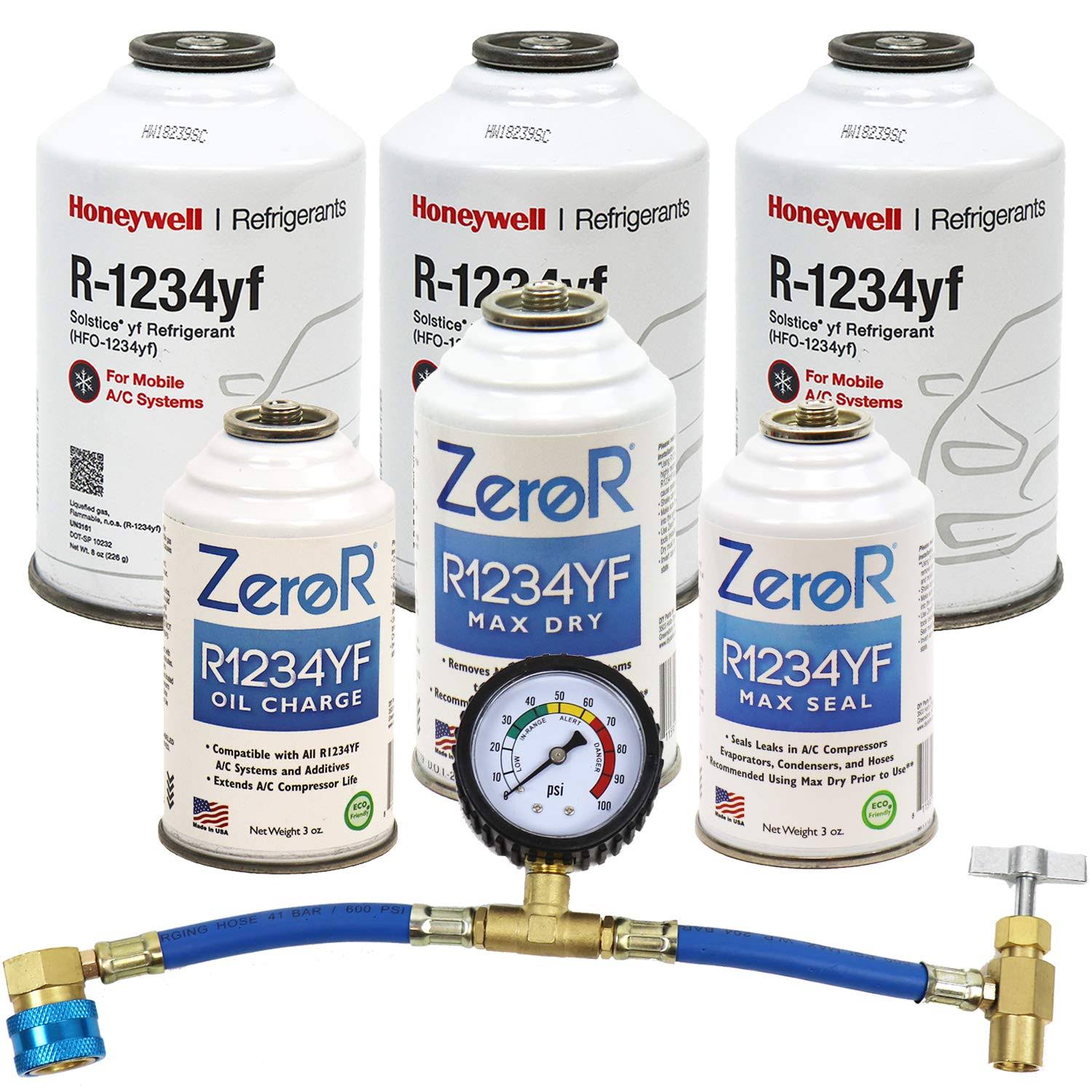 Zeror Genuine R1234yf_ Refrigerant_ Stop Leak Repair and AC Recharge Kit (7 items)