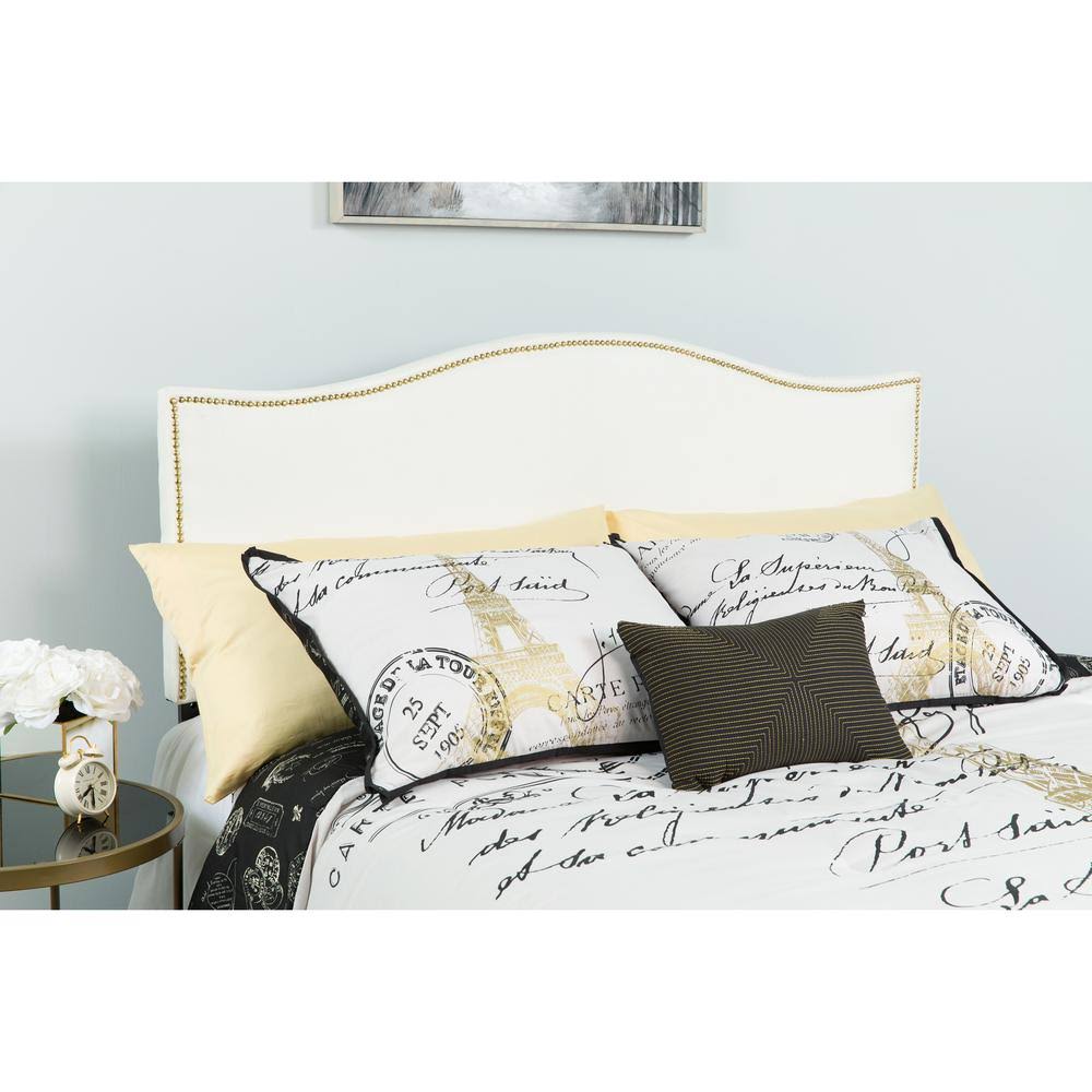 Alamont Upholstered Full Size Arched Headboard with Accent Nail Trim in White Fabric