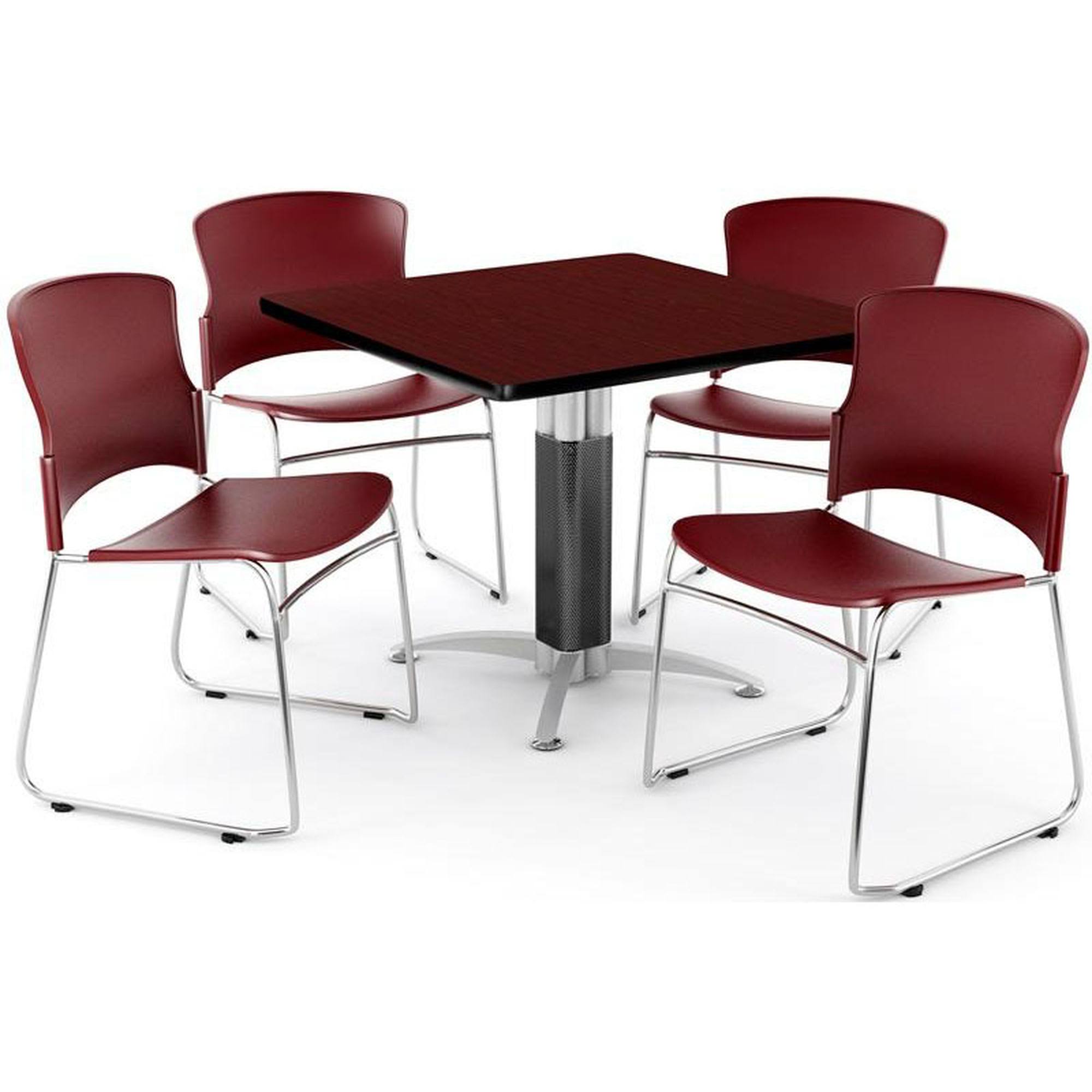 OFM Breakroom Package, 36x22 Square Mesh Base Multipurpose Mahogany Table with Four Wine Plastic Multi-Use Stack Chairs