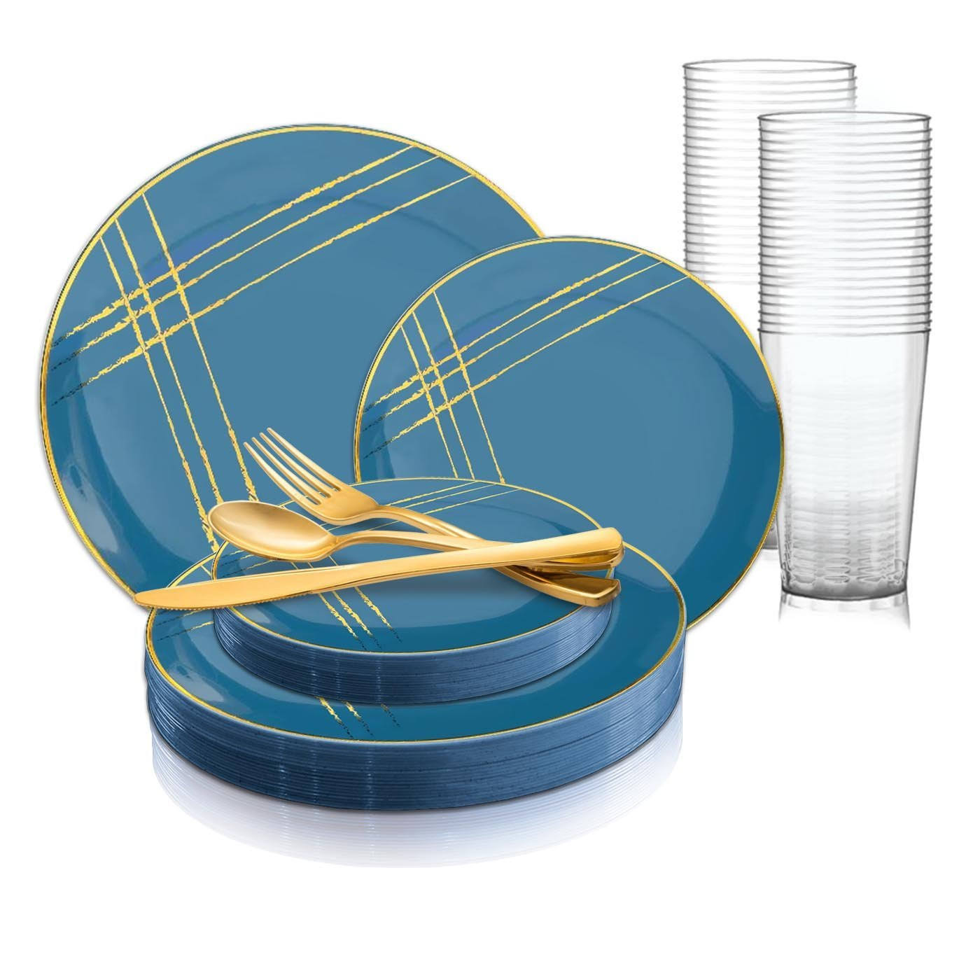 60 Settings, Blue with Gold Brushstroke Round Disposable Plastic Wedding Value Set