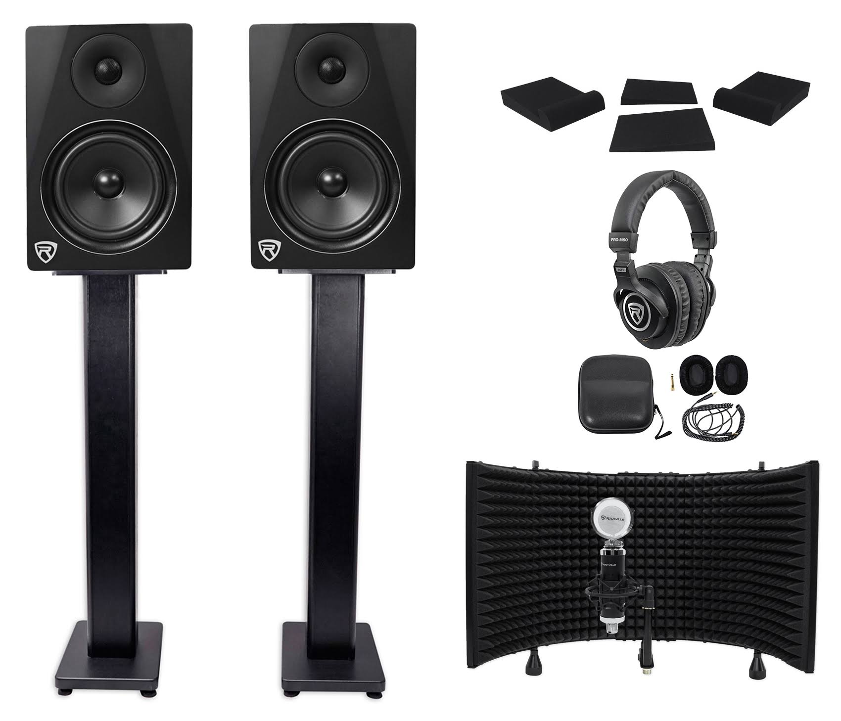 2 Rockville DPM6B 6.5x22420w Active Studio Monitors+Stands+Headphones+Mic+Shield