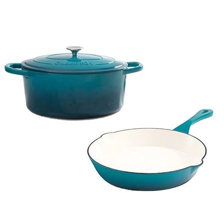 Crock-pot 5 Quart Enamel Cast Iron Covered Dutch Oven Bundle with Skillet, Teal, Blue