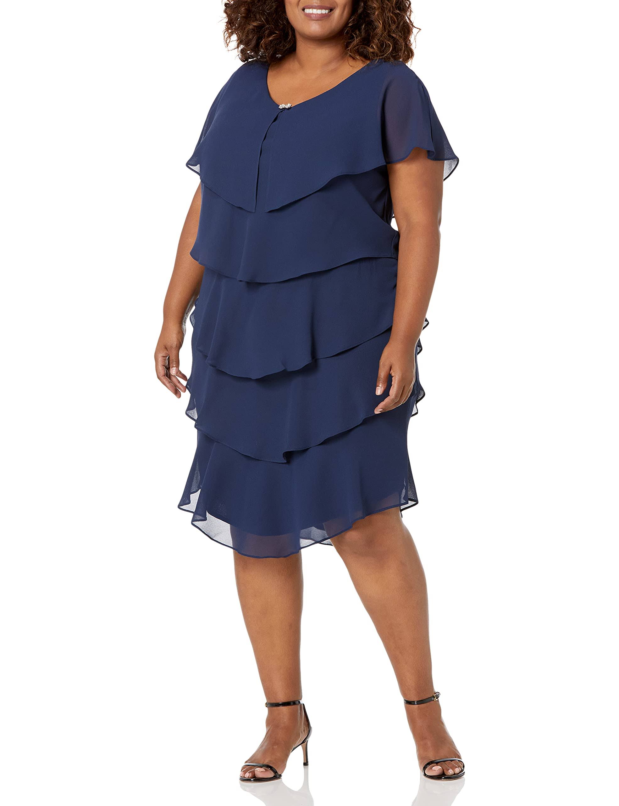 Slny Navy Plus Size Short Sleeve Tiered Ruffle Dress