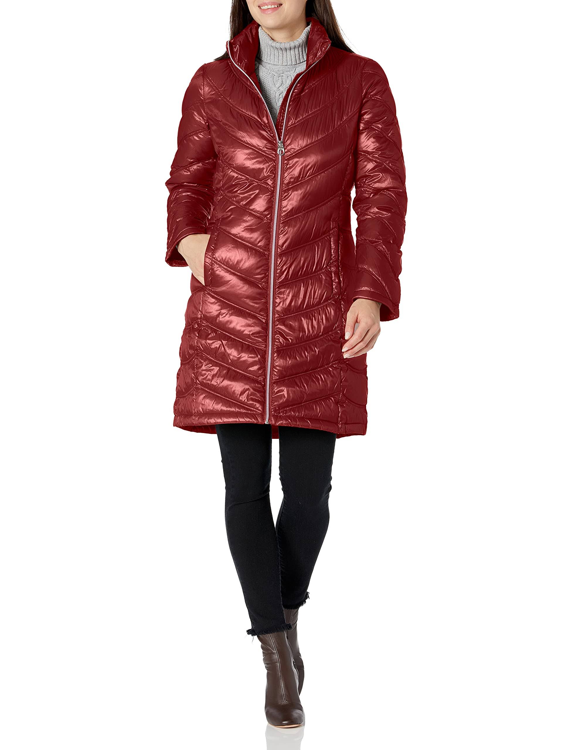 Calvin Klein Chevron Quilted Packable Down Jacket Women's Jacket Pearlized Crimson : SM