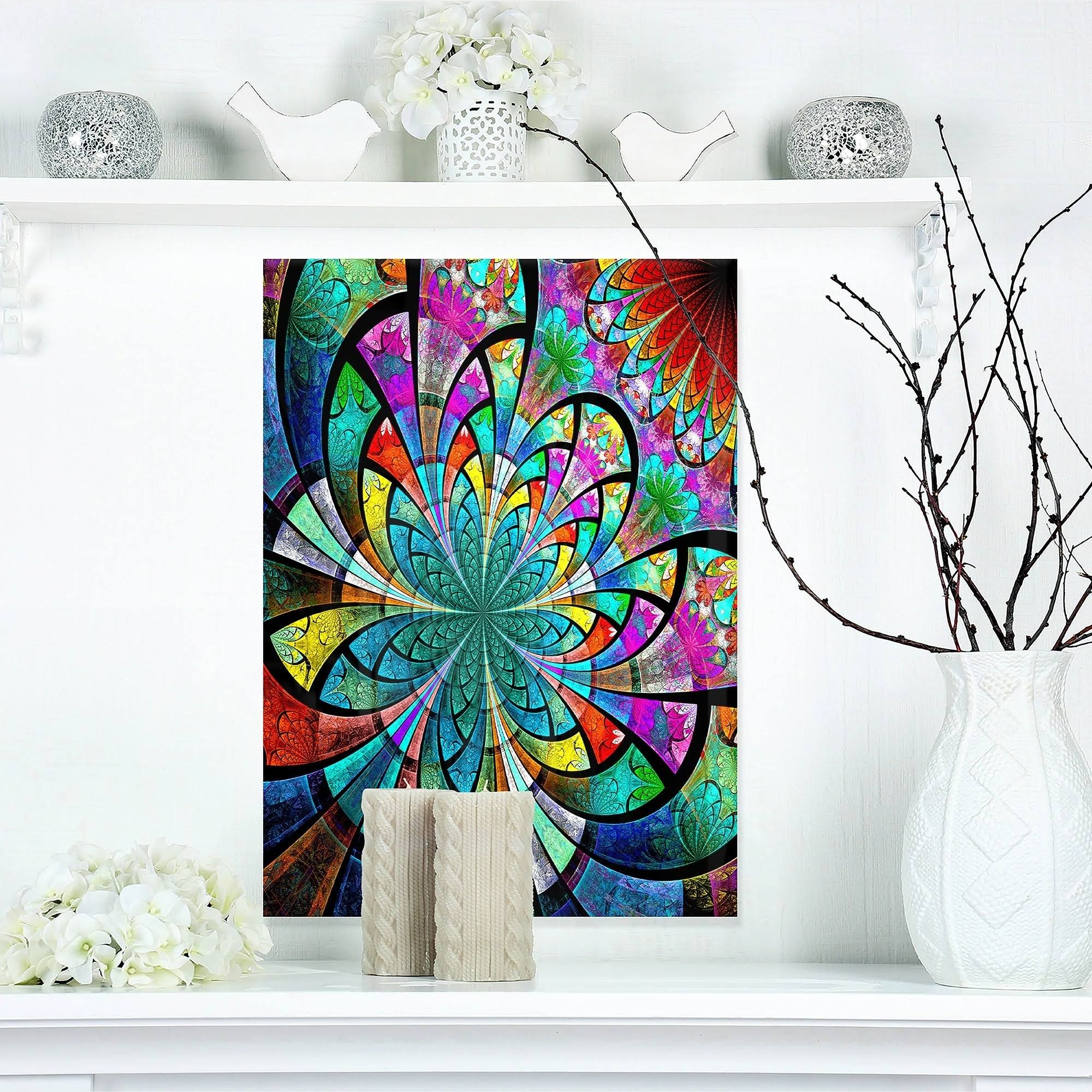 Multi Color Large Fractal Flower Pattern - Modern Floral Glossy Metal Wall Art 30 in. Wide x 40 in. High