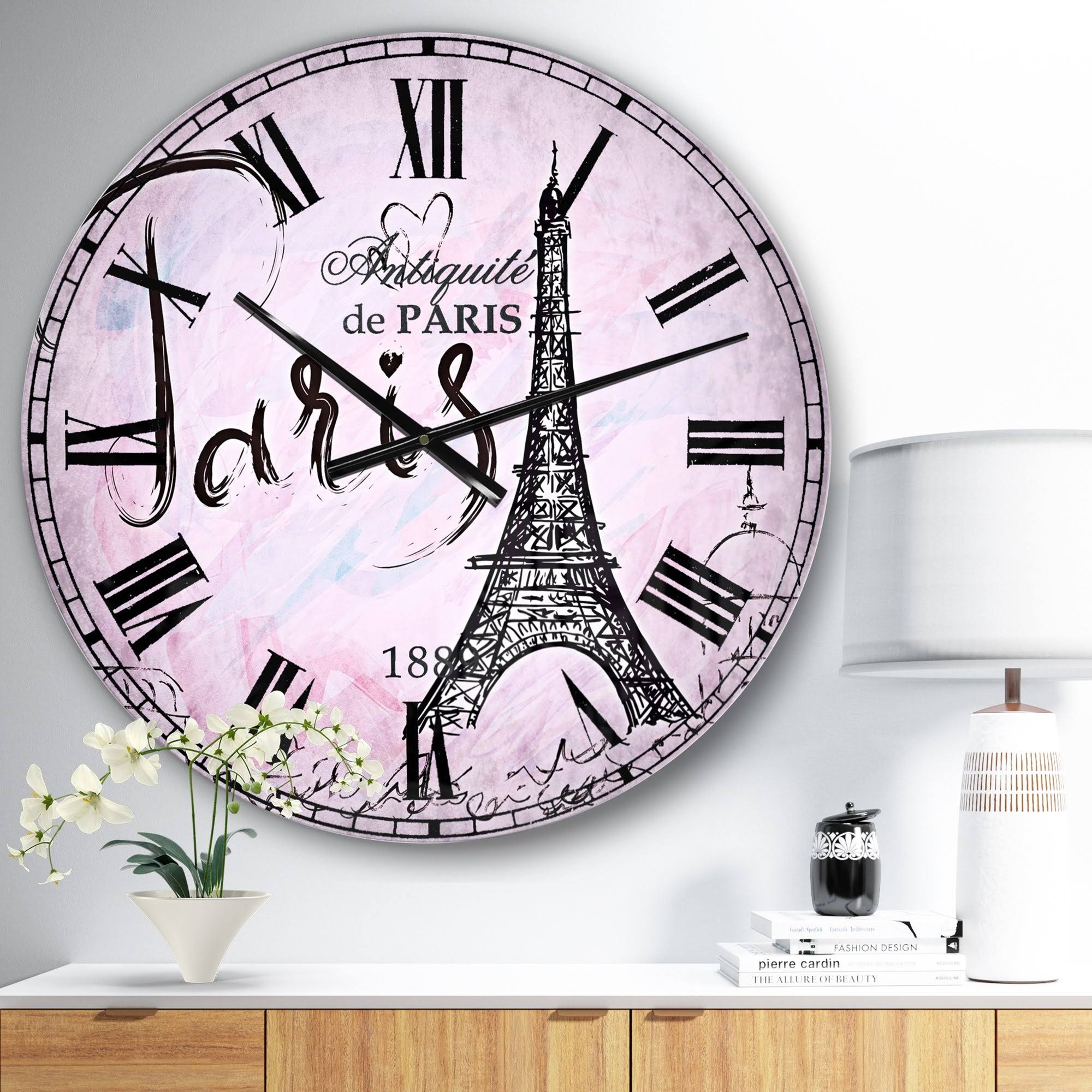 Designart &Illustration with Paris Eiffel Tower& Vintage Oversized Wall Clock - 29 in. Wide x 29 in. High