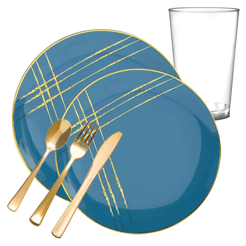 60 Settings, Blue with Gold Brushstroke Round Disposable Plastic Wedding Value Set