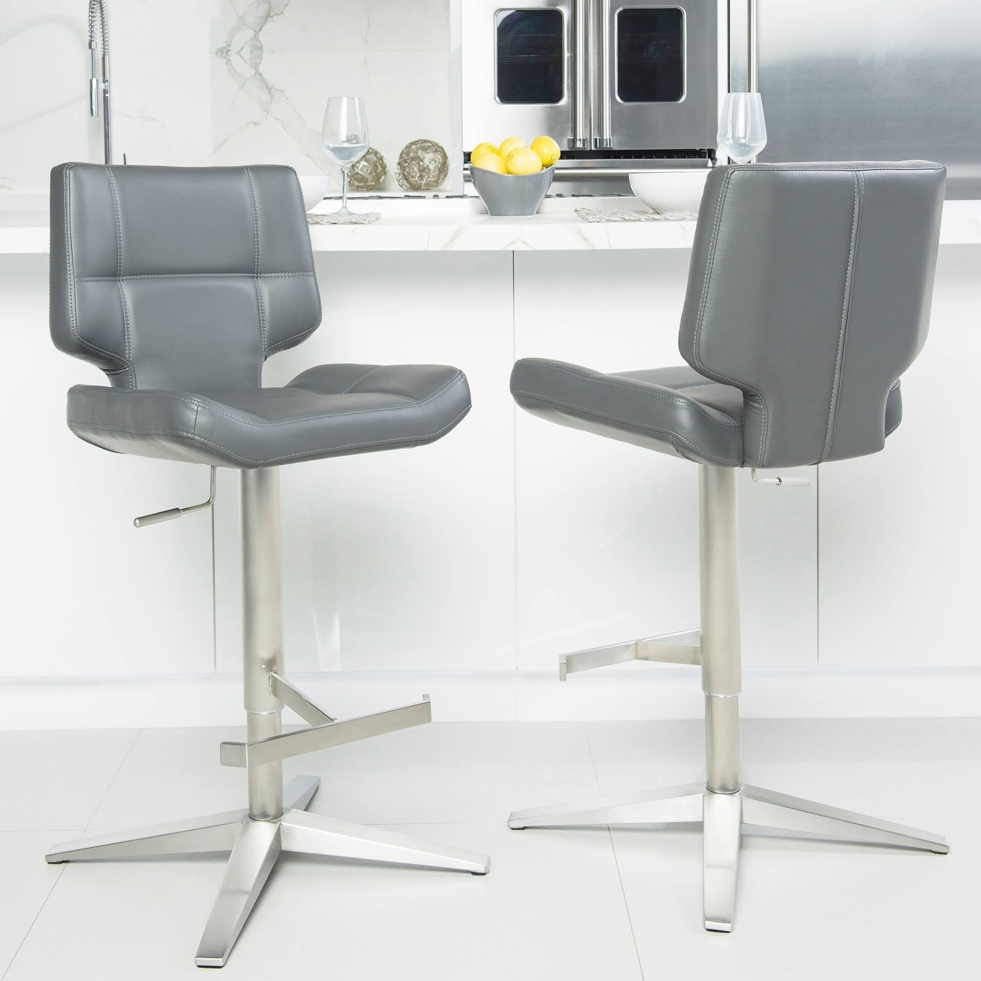 Mix Brushed Stainless Steel Adjustable Height Swivel Bar Stool - Grey Faux-Leather Look