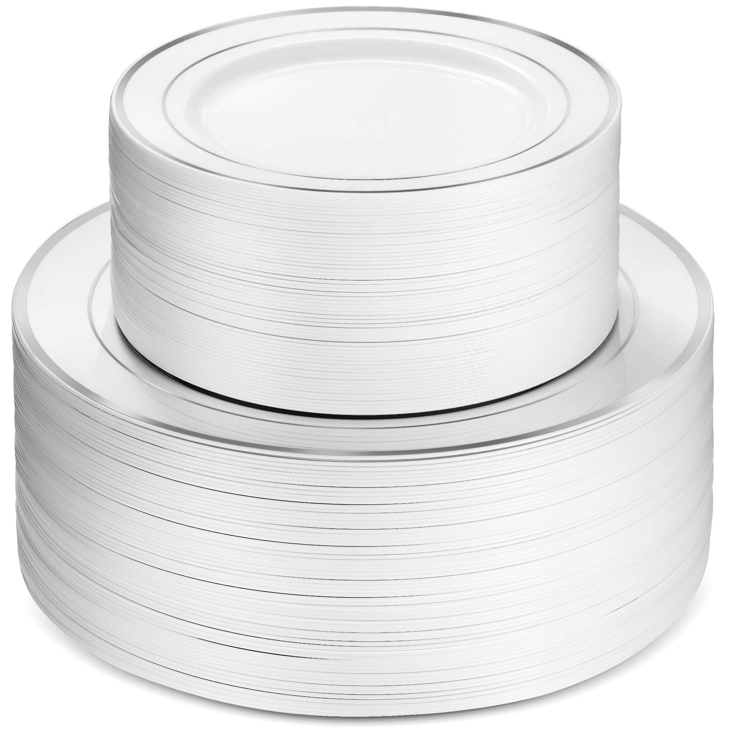 Munfix 100 Piece Plastic Party Plates White Silver Rim 50 Premium Heavy Duty 10.25 inch Dinner Plates and 50 Disposable 7.5 inch