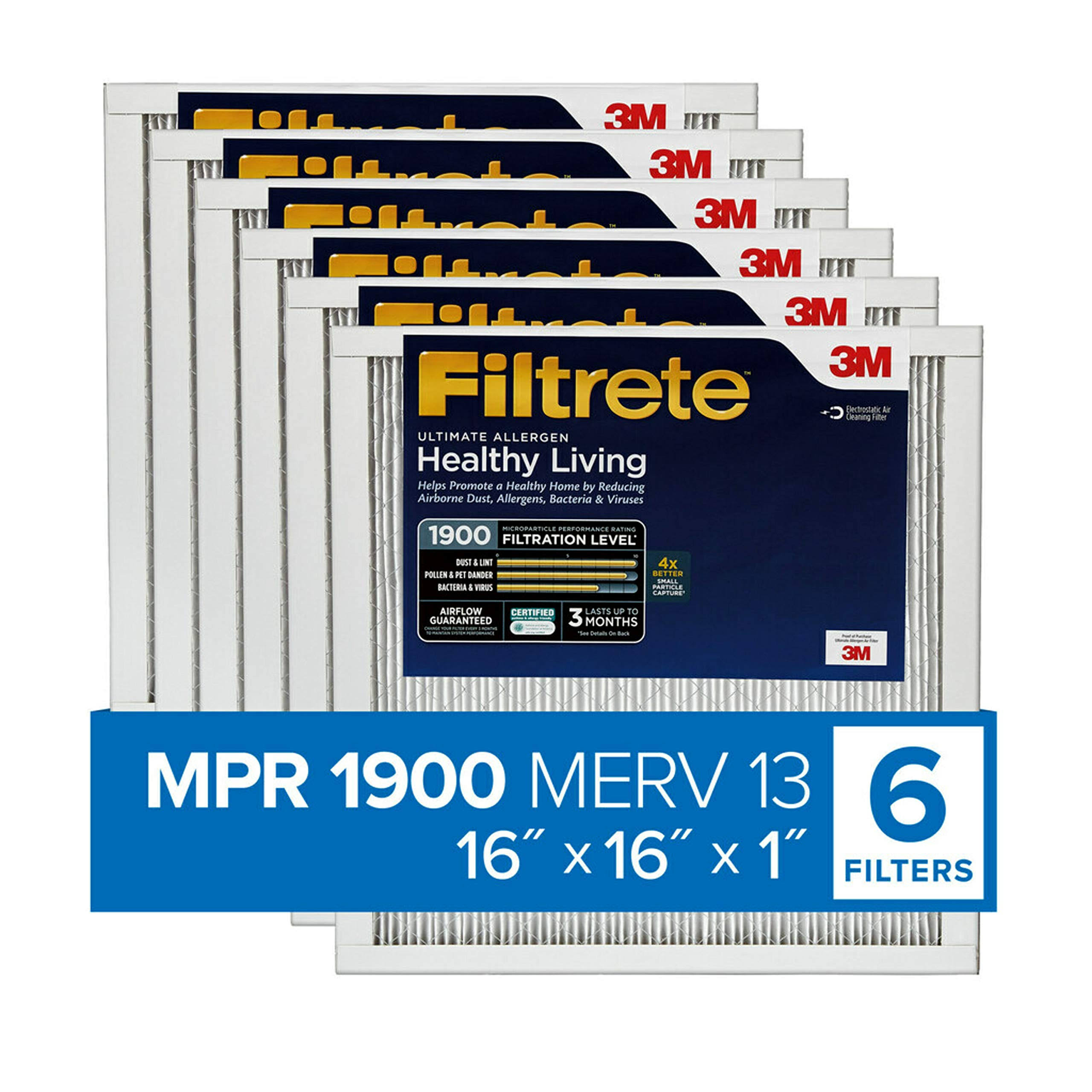 Filtrete 16x16x1, AC Furnace Air Filter, MPR 1900, Healthy Living Ultimate Allergen, 6-Pack