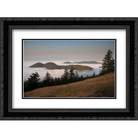 Entrance Mountain and Mount Woolard Emerge from Sea Fog Around Orcas Island, San Juan Islands, Washi 2X Matted 24x18 Black Ornat