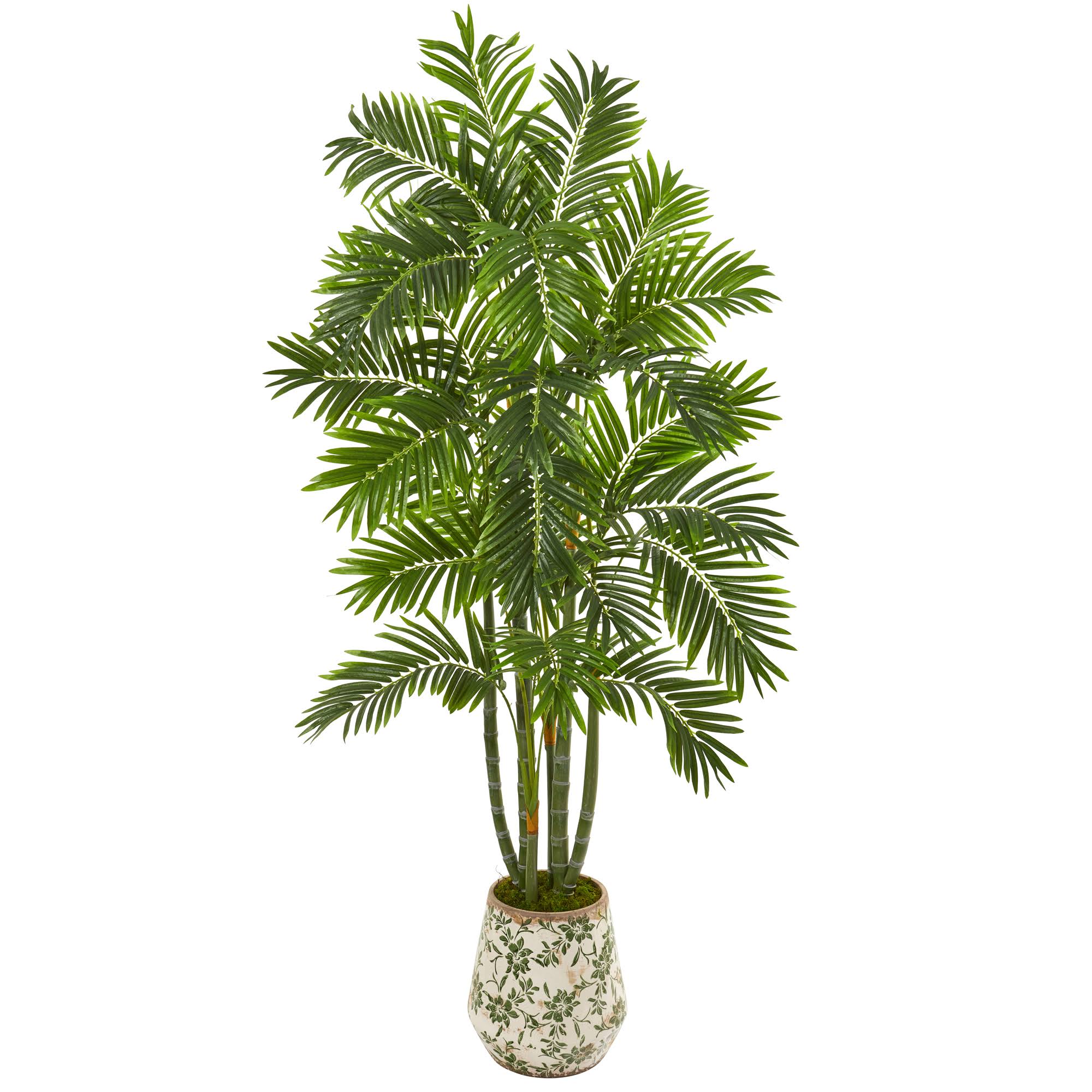 Nearly Natural 6 ft. Areca Palm Artificial Tree in Vintage Green Floral Planter