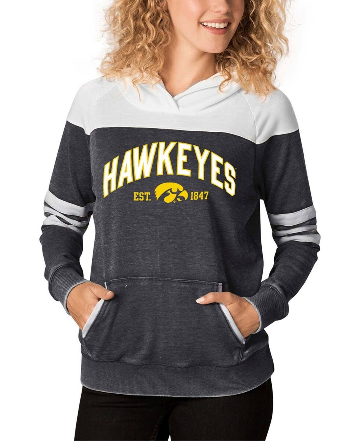 Women's Charcoal/White Iowa Hawkeyes Blitz Sleeve Striped Blocked Raglan Hoodie Size: Small