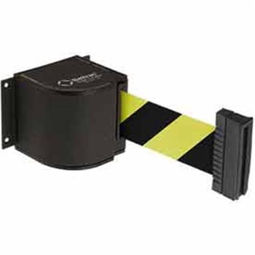 Lavi Industries Wrinkle Black Wall Mount, 18&L Safety Black/Yellow Retractable Belt Barrier