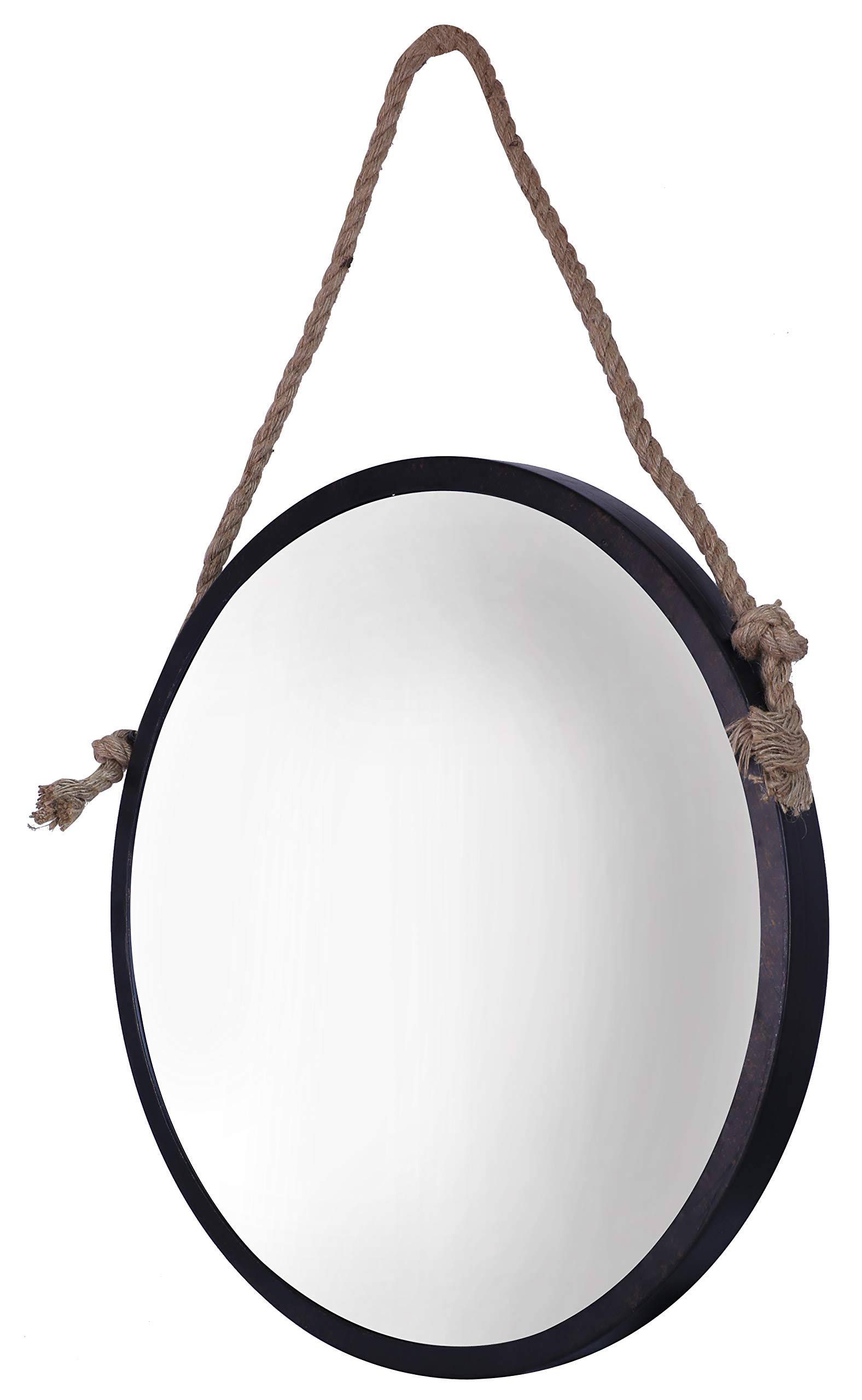 Mirrorize Framed Decorative 24x22 Diameter Round Rope Hanging Mirror| Rustic Brown| Vanity,Hallway,Bathroom, Bedroom| Medium Mir