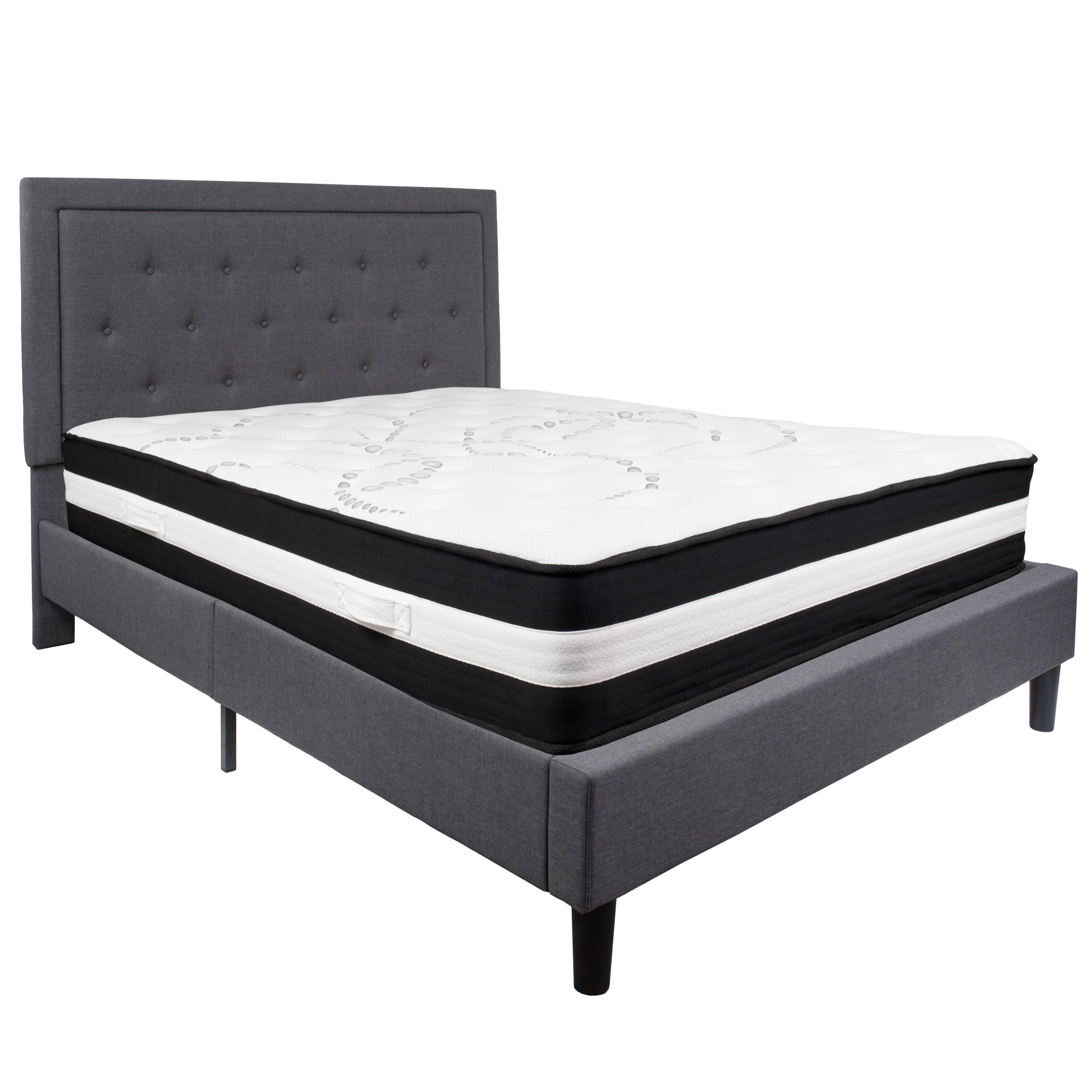 Roxbury Tufted Upholstered Platform Bed with Pocket Spring Mattress - Dark Gray / Queen
