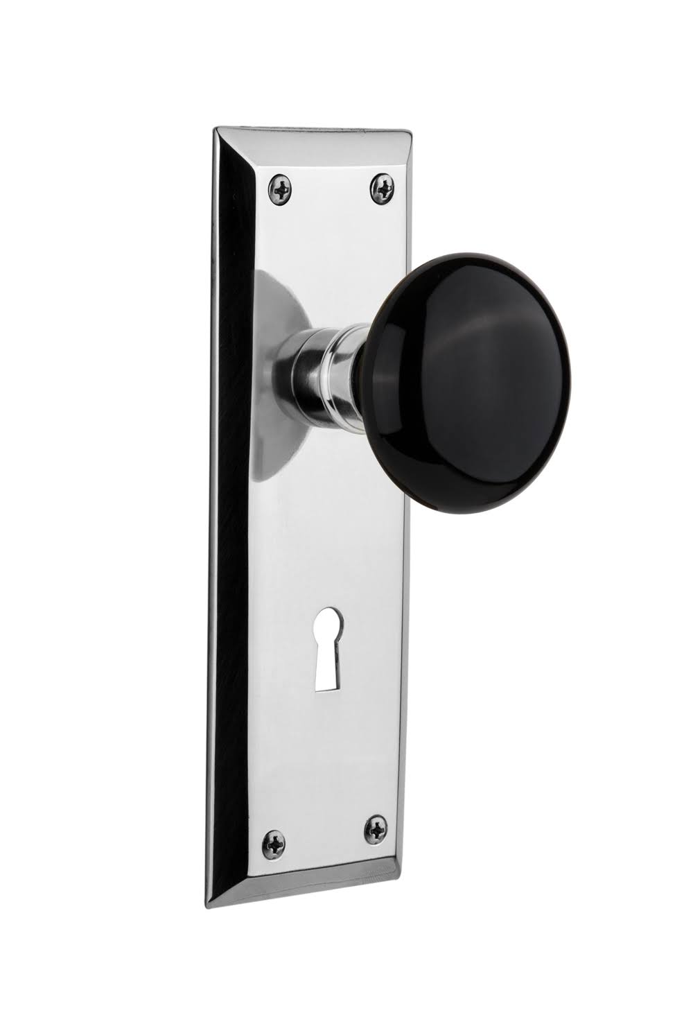 Nostalgic Warehouse 718568 New York Plate with Keyhole Privacy Black Porcelain Door Knob, Bright Chrome