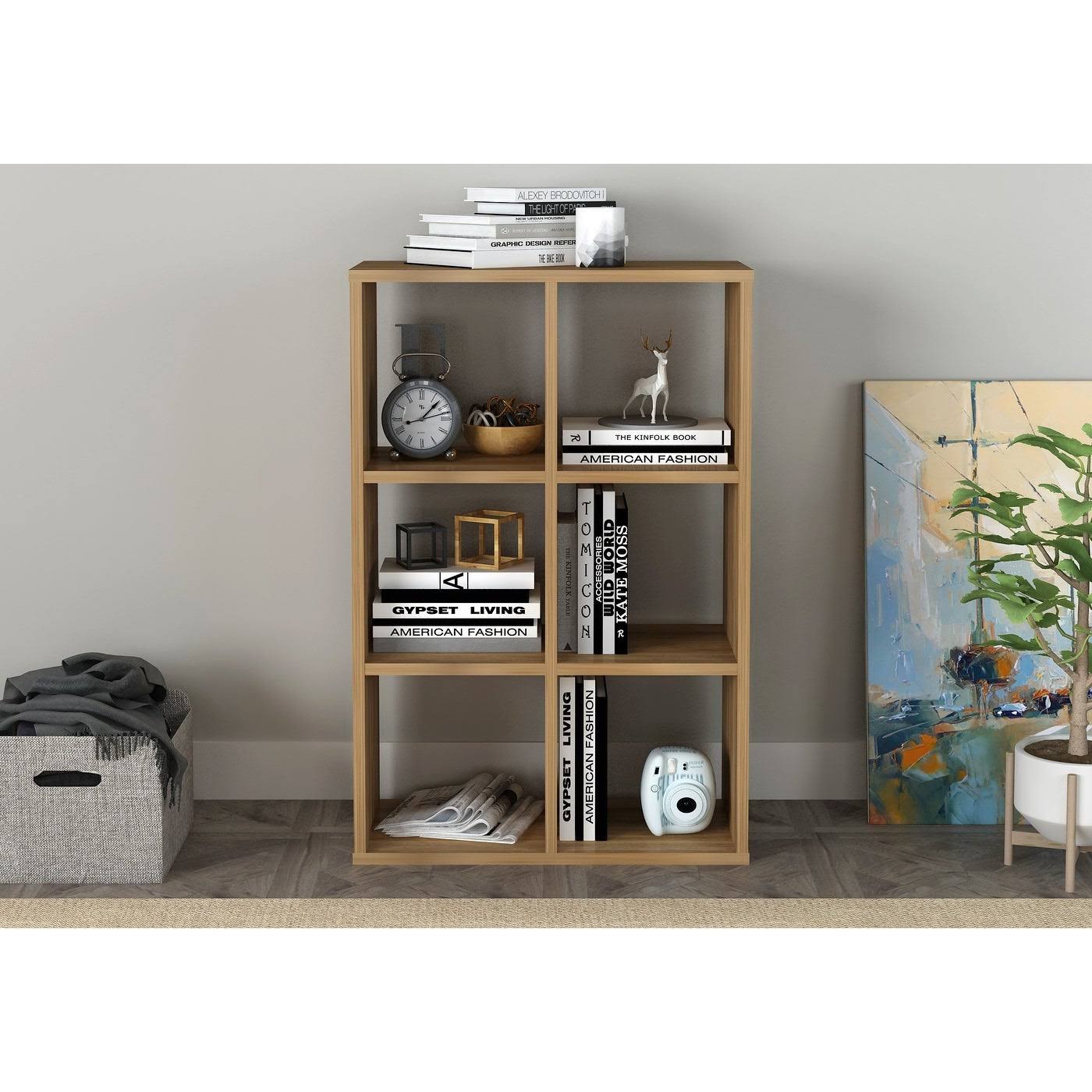 Cube Shape Bookcase 6 Open Storage - Walnut