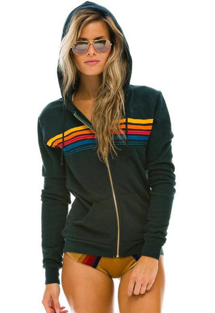 Aviator Nation 5 Stripe Zip Hoodie Charcoal - Medium