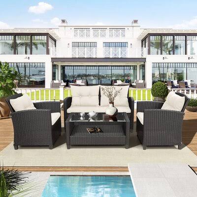 Herbst 4 Pieces Patio Furniture Rattan Patio Conversation Set for Patio, Lawn u0026 Garden Outdoor Chair u0026 Sofa Cushions and