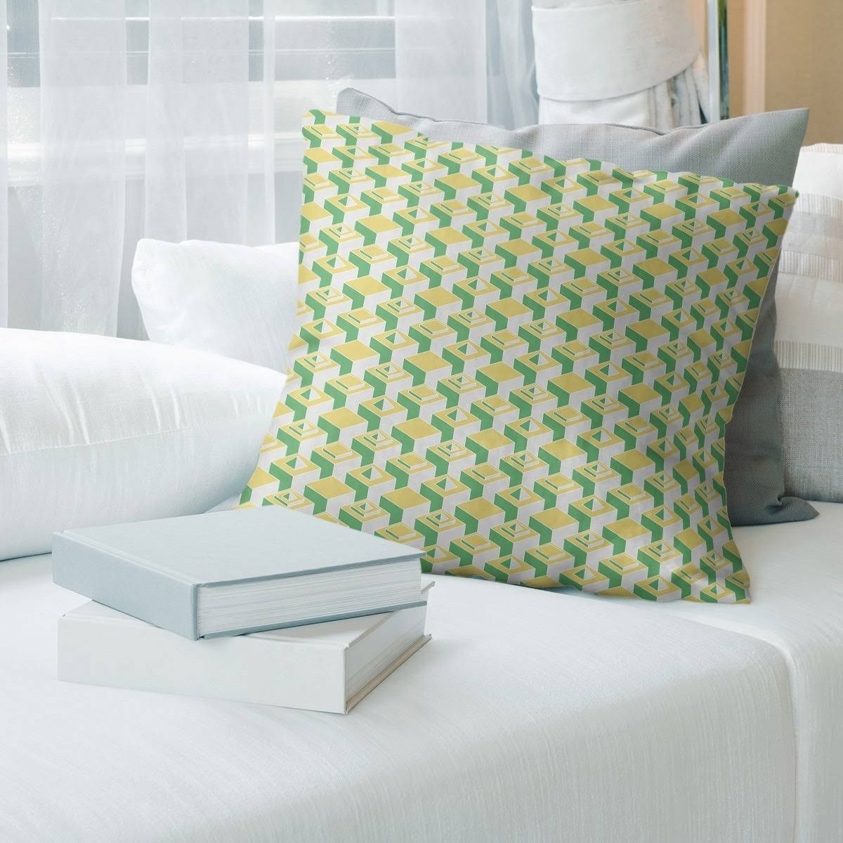 Green Color Contrast Skyscrapers Pattern Throw Pillow - 14 x 14 - Green u0026 Yellow - Cotton