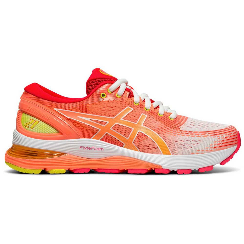 Asics Gel Nimbus 21 Ladies Running Shoes, Size 8, White/Coral