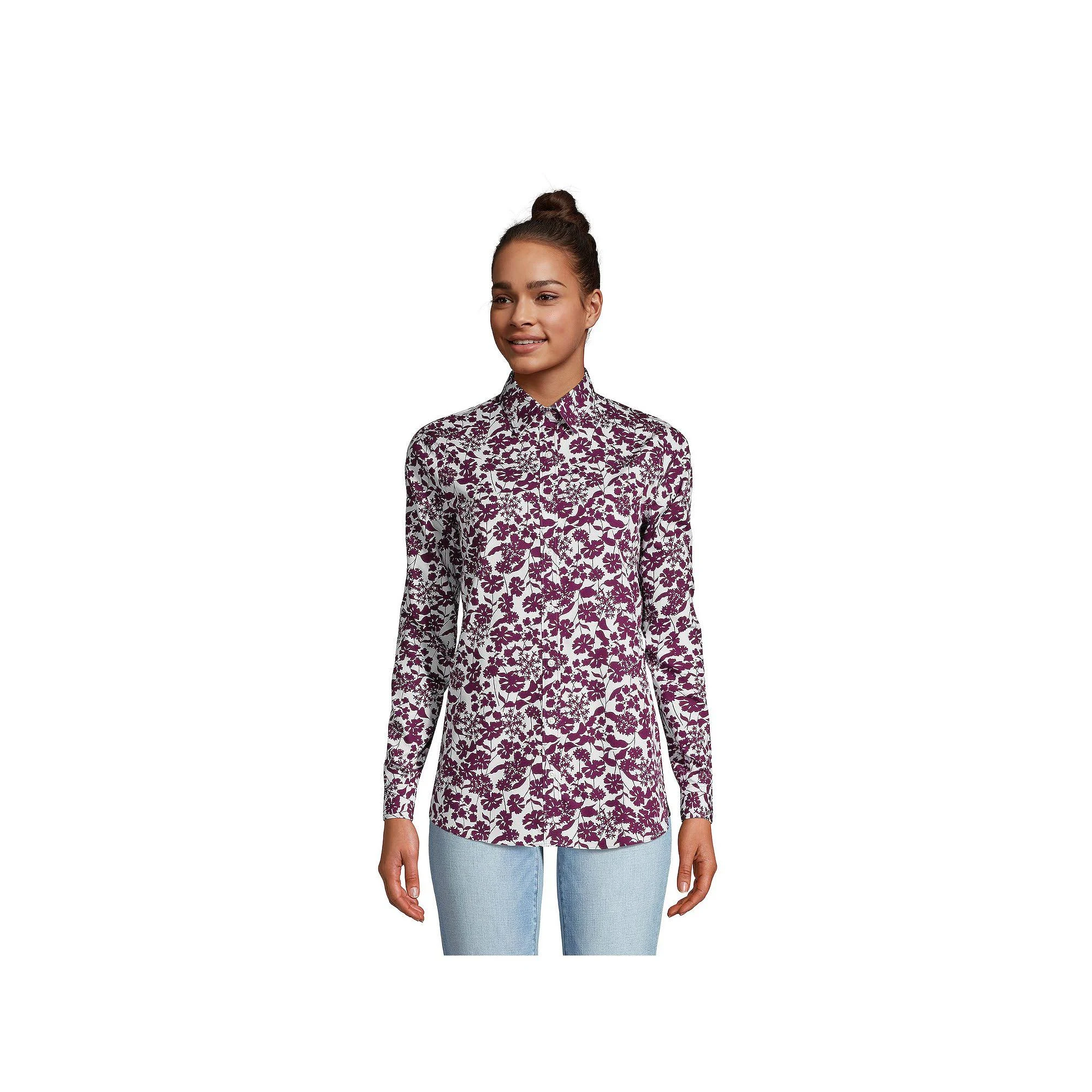 Women's Lands& End No Iron Supima Cotton Long Sleeve Shirt, Size: 16, Purple