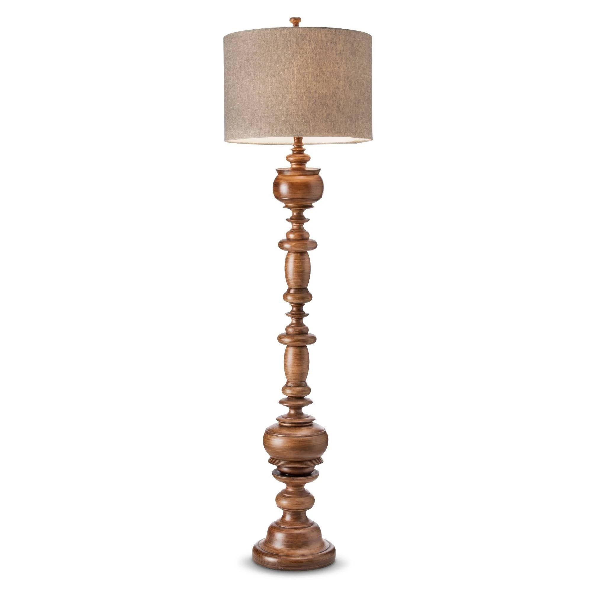 Turned Polyresin Floor Lamp with Natural Linen Shade Antique Brown