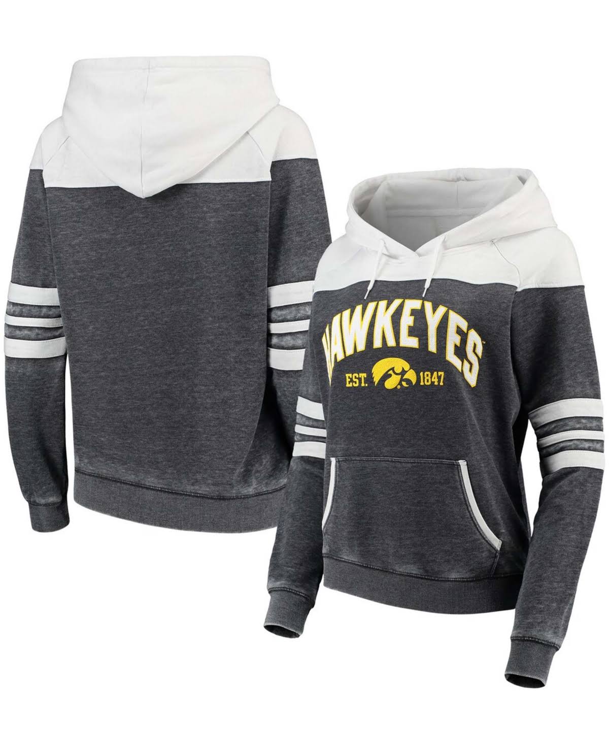 Women's Charcoal/White Iowa Hawkeyes Blitz Sleeve Striped Blocked Raglan Hoodie Size: Small