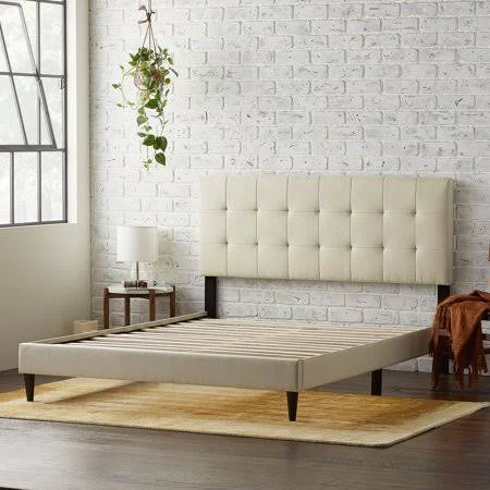 Rest Haven Upholstered Platform Bed Frame with Square Tufted Headboard, Queen, Cream