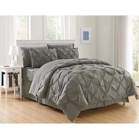 Silky Soft Pintuck Bed-in-a-Bag 8-Piece Comforter Set --HypoAllergenic - King Grey, Gray