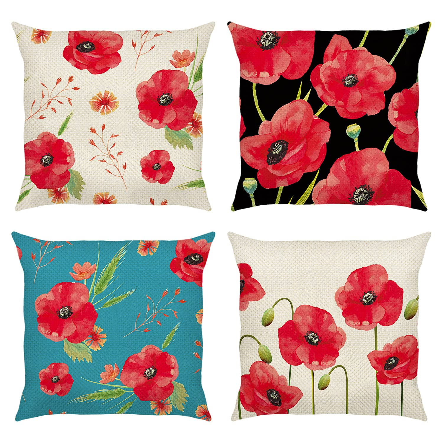 Bonhause Poppy Flower Cushion Covers 18 x 18 inch Set of 4 Red Floral Decorative Throw Pillow Covers Cotton Linen Square Pillowc