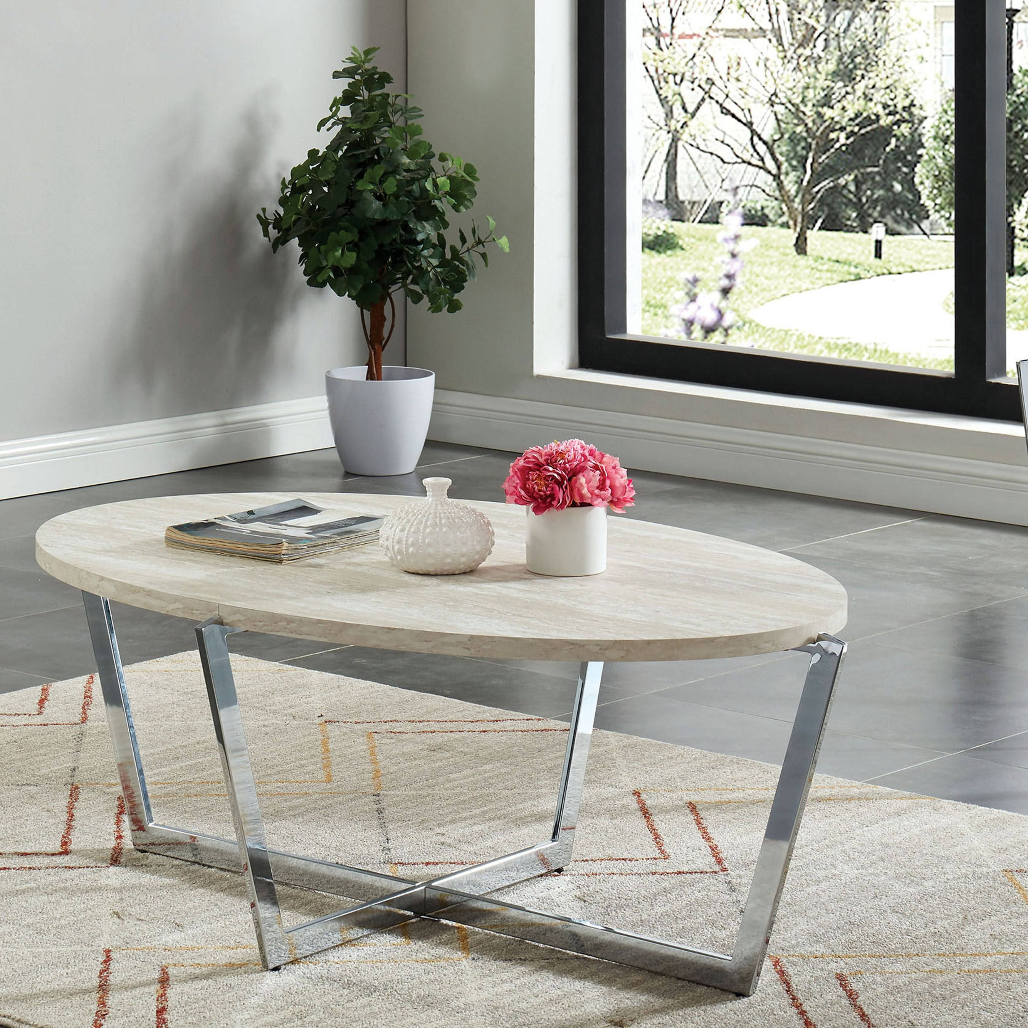 Carson Carrington Lunudden Contemporary Oval Chrome Coffee Table - White/Chrome