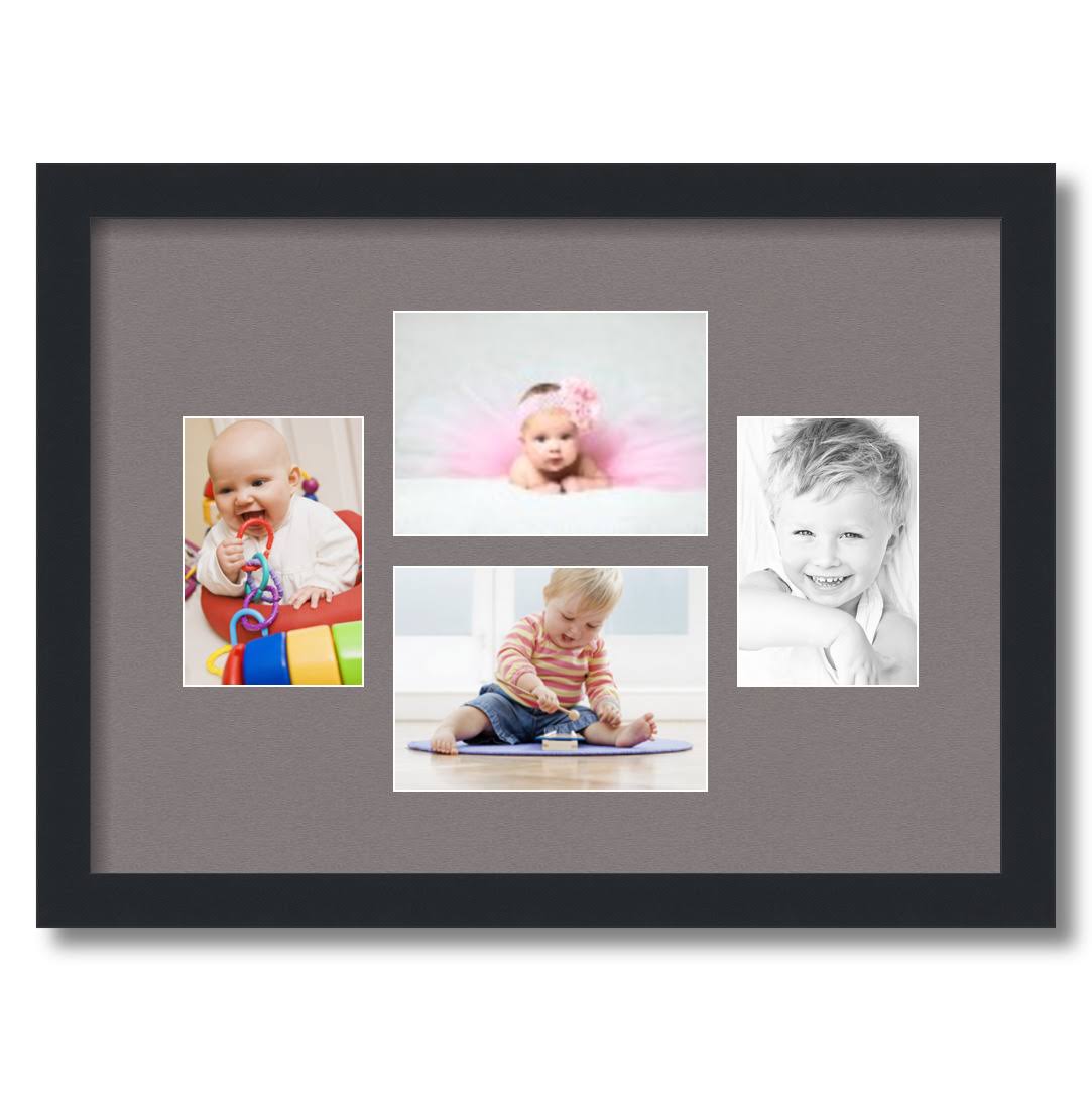 Collage Picture Frame, Satin Black Frame with 4 openings for 5x7 Photos with Grey Pewter Mat. D3926GG272 , ArtToFrames