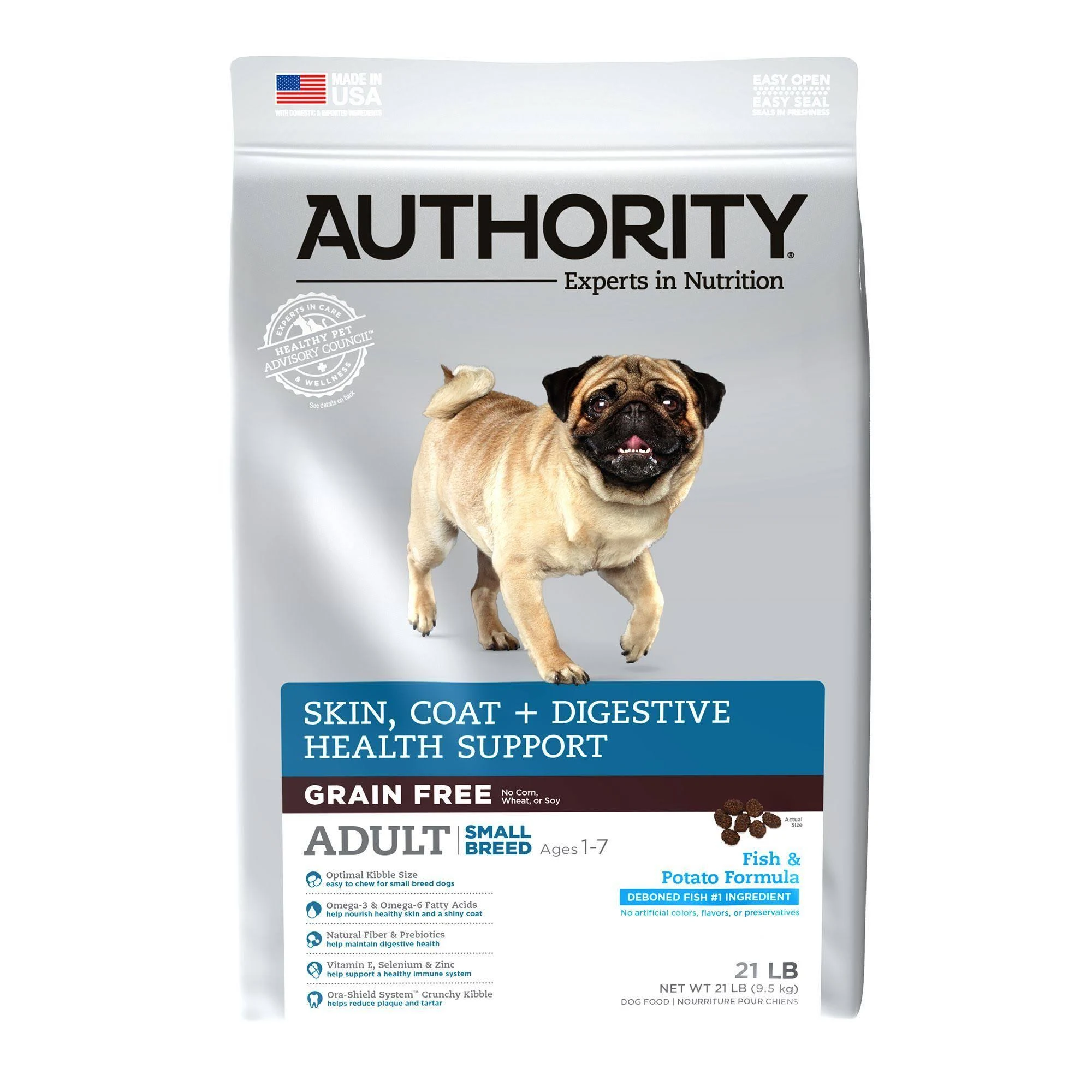 Authority Skin, Coat u0026 Digestive Health Fish u0026 Potato Formula Small Breed Grain-Free Adult Dry Dog Food, 21-lb Bag