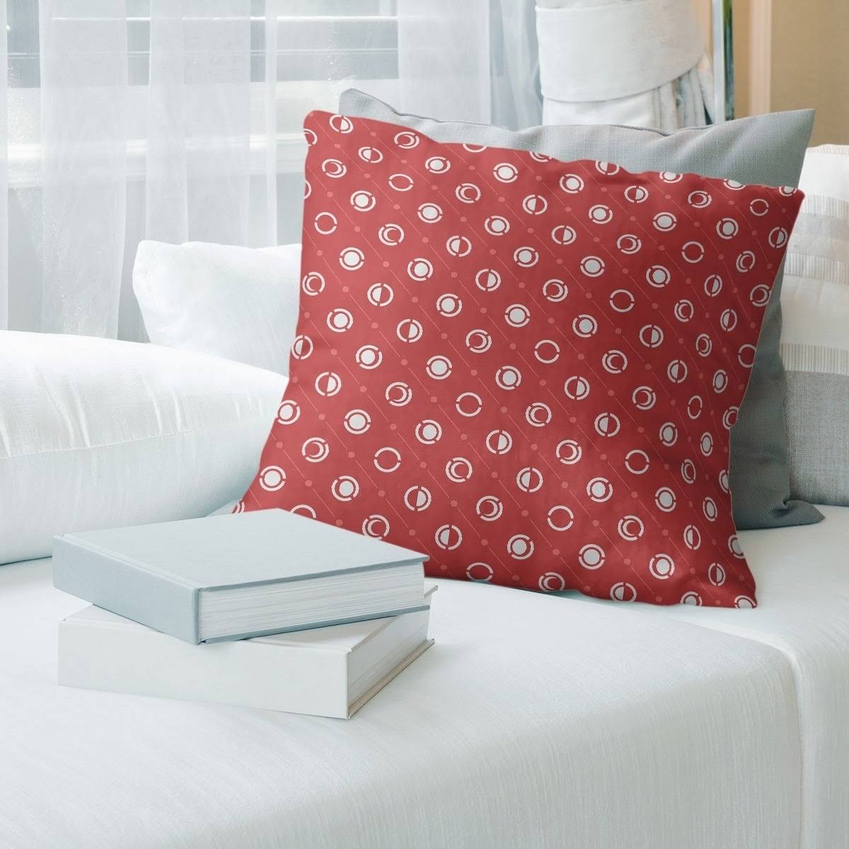 White Accent Monochrome Moon Phases Pattern Throw Pillow - 16 x 16 - White u0026 Red - Faux Suede