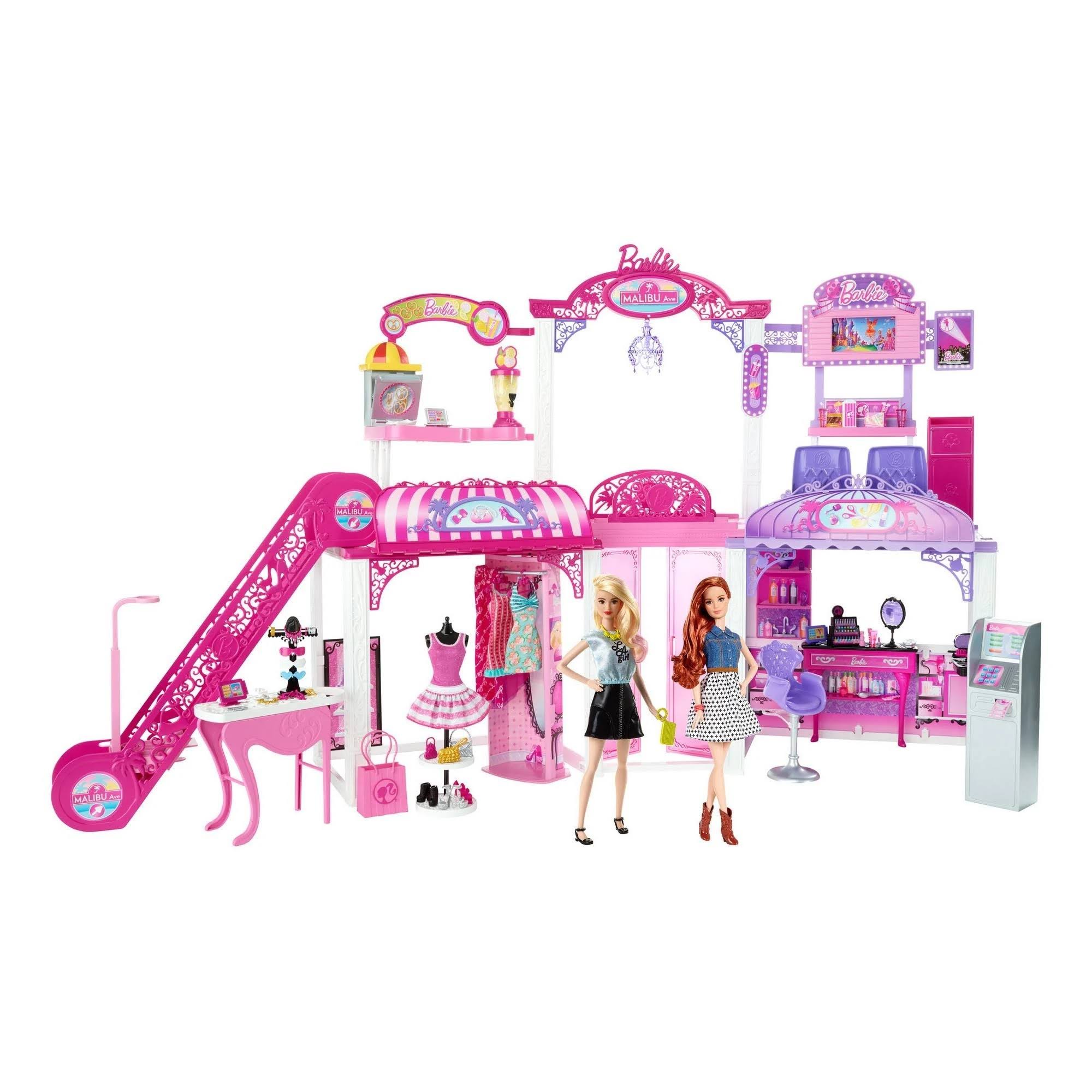 Barbie Malibu Ave 2-Story Mall with 2 Dolls 50+ Pieces 2& Tall 4&
