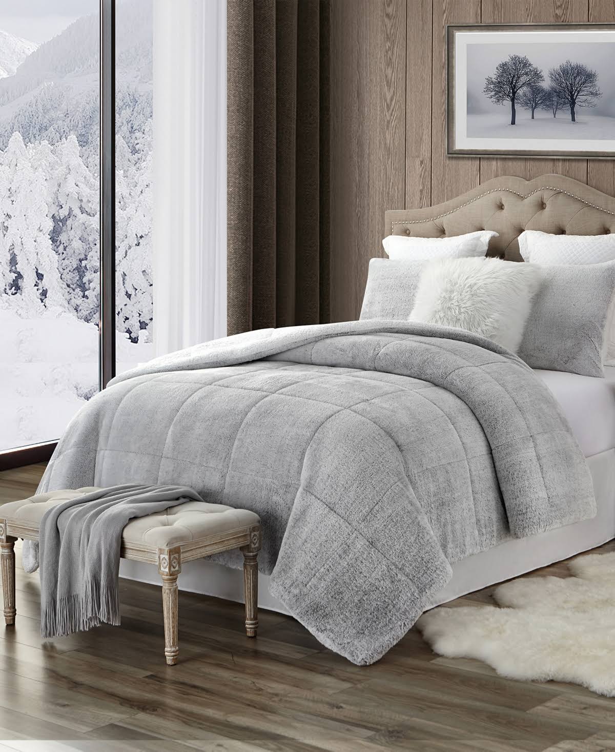 Swift Home Faux Fur and Sherpa REVERSE Comforter Set Full/Queen Grey