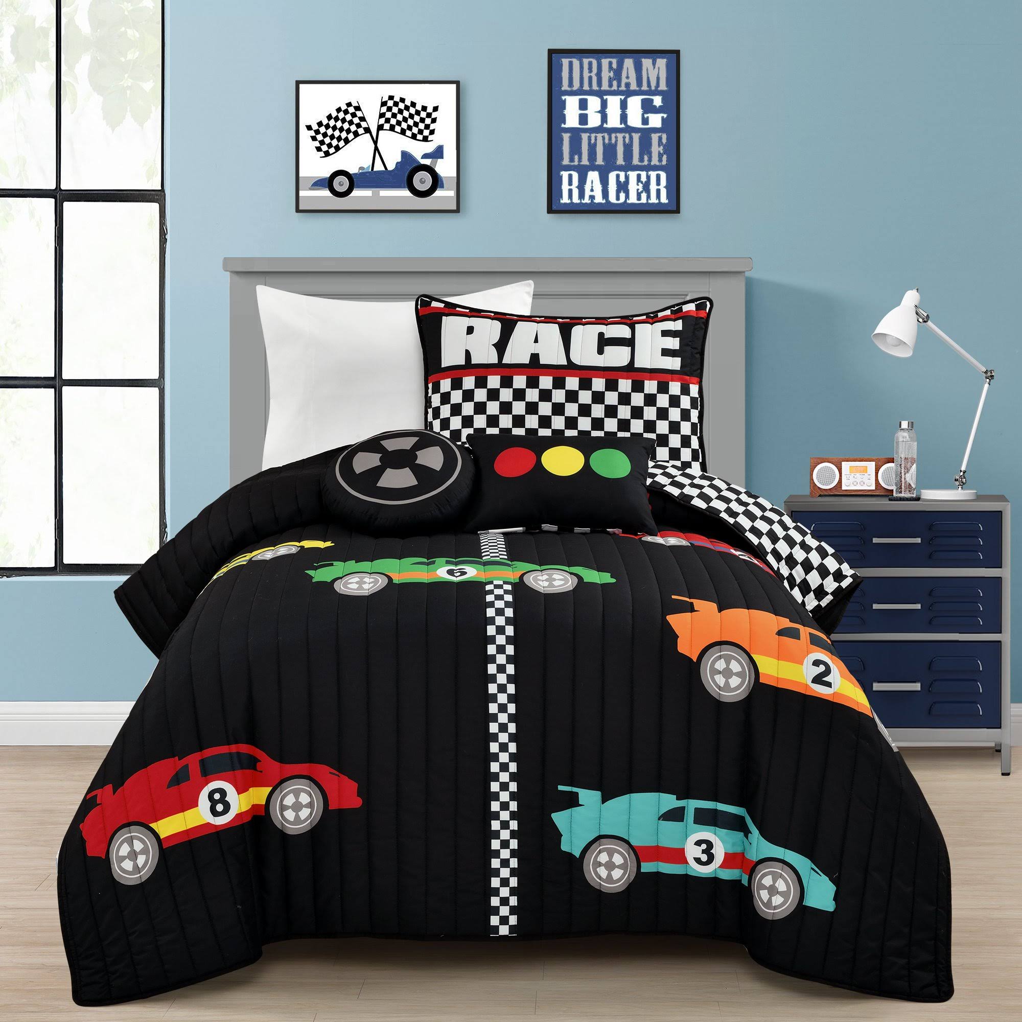 Lush Decor Racing Cars Quilt Black/Multi 4pc Set Twin